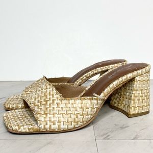 Jeffrey Campbell Melange White Tan Woven Block Heel Sandal 10